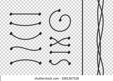 Vector set of realistic isolated electrical wires for decoration and covering on the transparent background. Concept of flexible network cables, electronics and connection.