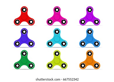 Vector set of realistic isolated fidget spinners for decoration on the white background. Concept of stress relieving toys.