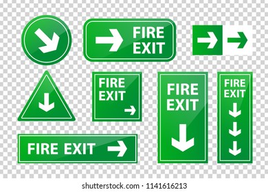 Vector set of realistic isolated fire exit signs for decoration and covering on the transparent background. Concept of fire danger and emergency.