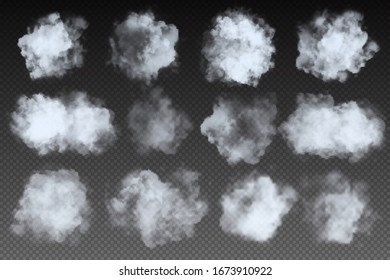 Vector set of realistic isolated fluffy cloud on the transparent background. Transparent cloudy natural sky elements.