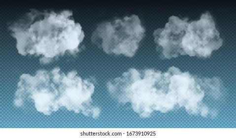 Vector set of realistic isolated fluffy cloud on the transparent background. Transparent cloudy natural sky elements.