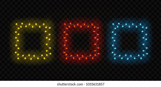 Vector set of realistic isolated garland frame with glowing light effect for decoration and covering on the transparent background.