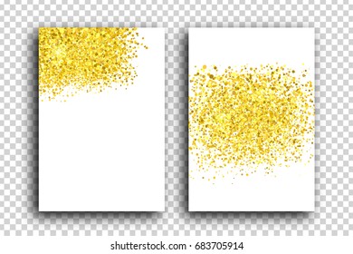 Vector set of realistic isolated greeting cards with golden glitter for celebration and covering on the transparent background. Concept of happy birthday, party and holidays.