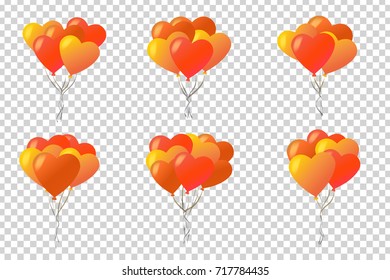 Vector set of realistic isolated heart balloons for celebration and decoration on the transparent background. Concept of happy birthday, anniversary and wedding.