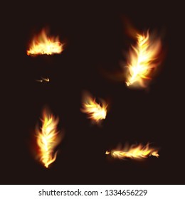 Vector set of realistic isolated illustration of fire flames on transparent background. Burn hot, power heat, energy flammable. 