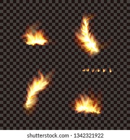 Vector set of realistic isolated illustration of fire flames on transparent background. Burn hot, power heat, energy flammable. 