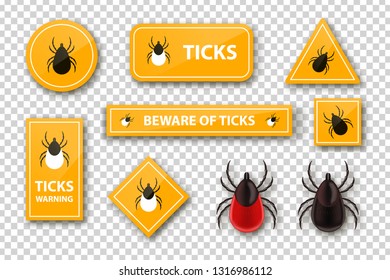 Vector set of realistic isolated ixodes tick warning signs for template decoration and covering on the transparent background. Concept of mite danger, disease and encephalitis precaution.