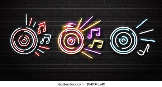 Vector set of realistic isolated neon sign of Dj logo for decoration and covering on the wall background. Concept of night club, music and dj profession.