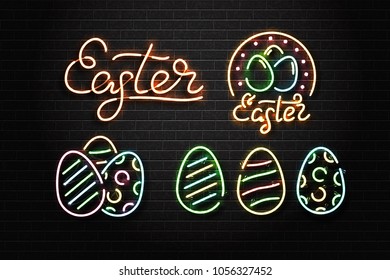 Vector set of realistic isolated neon sign of Easter eggs and lettering logo for decoration and covering on the wall background. Concept of Happy Easter.