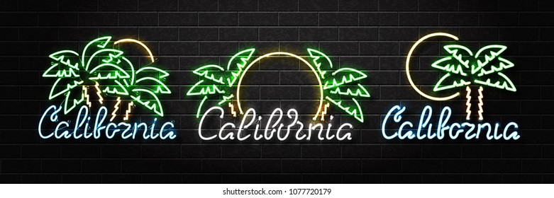 Vector set of realistic isolated neon sign of California logo with palm and sun for decoration and covering on the wall background. Concept of beach, surfing and summer.
