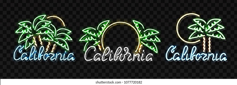 Vector set of realistic isolated neon sign of California logo with palm and sun for decoration and covering on the transparent background. Concept of beach, surfing and summer.