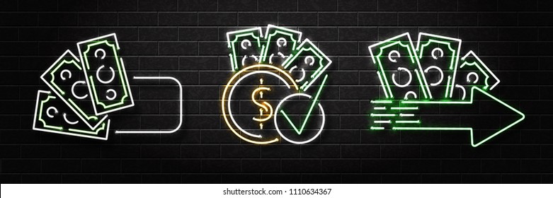 Vector set of realistic isolated neon sign of cash loans logo for decoration and covering on the wall background. Concept of fast money and financial crisis.