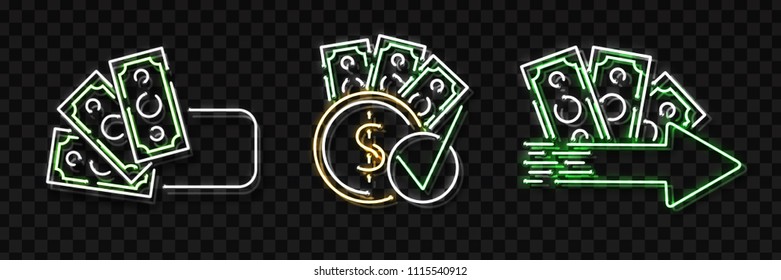 Vector set of realistic isolated neon sign of cash loans logo for decoration and covering on the transparent background. Concept of fast money and financial crisis.