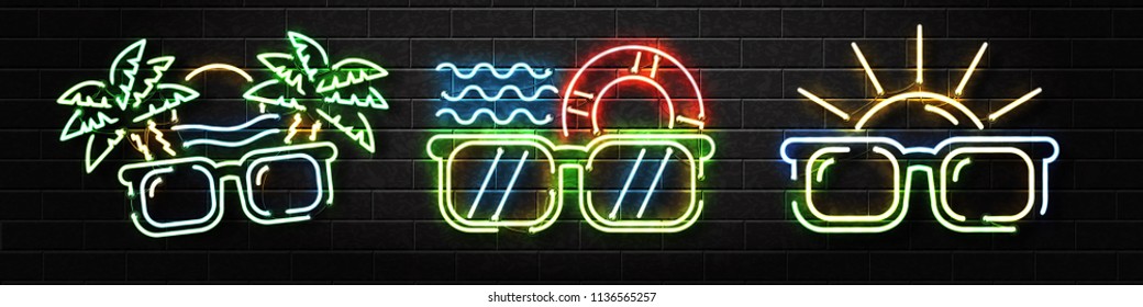Vector set of realistic isolated neon sign of Summer logo with sunglasses and palms for decoration and covering on the wall background. Concept of happy vacation and summer party.