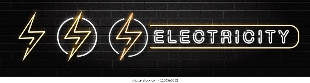 Conjunto vectorial de señalización de neón aislado realista de la electricidad para la decoración y el recubrimiento en el fondo de la pared. Concepto de relámpago y energía.