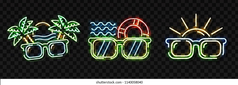 Vector set of realistic isolated neon sign of Summer logo with sunglasses and palms for decoration and covering on the transparent background. Concept of happy vacation and summer party.