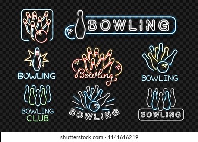 Vector set of realistic isolated neon sign for bowling logo for decoration and covering on the transparent background. Concept of game sport and bowling club.