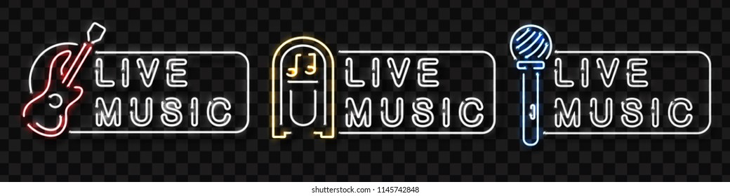 Vector set of realistic isolated neon sign of live music logo for decoration and covering on the transparent background. Concept of music, dj and concert.