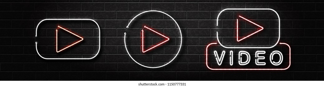 Vector set of realistic isolated neon sign of video player logo for decoration and covering on the wall background. Concept of social media and movie studio.