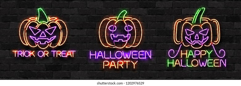 Vector set of realistic isolated neon sign of Pumpkin logo for decoration and covering on the wall background. Concept of Happy Halloween.