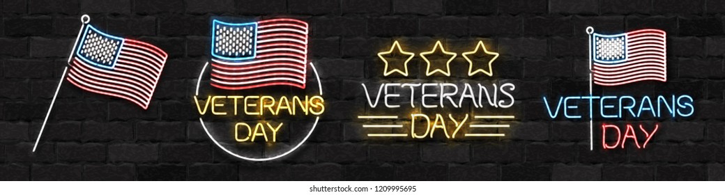 Vector set of realistic isolated neon sign for 11th November, Veterans Day logo for decoration and covering on the wall background. Concept of Memorial day in USA.