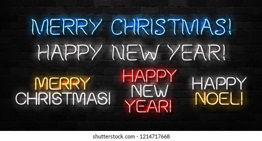 Vector set of realistic isolated neon sign of Merry Christmas logo for decoration and covering on the wall background. Concept of Happy New Year.