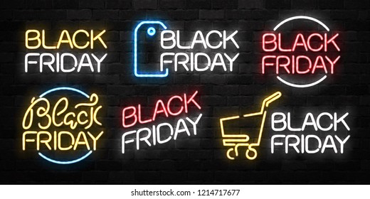 Vector set of realistic isolated neon sign of Black Friday logo for decoration and covering on the wall background. Concept of sale and discount.