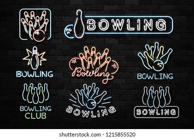 Vector set of realistic isolated neon sign of Bowling logo for decoration and covering on the wall background. Concept of game sport and bowling club.