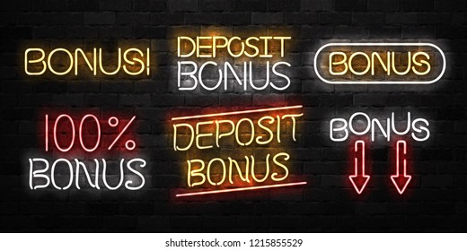 Vector set of realistic isolated neon sign of Bonus logo for decoration and covering on the wall background.