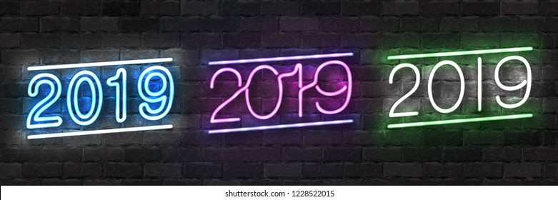 Vector set of realistic isolated neon sign of 2019 Merry Christmas logo for decoration and covering on the wall background. Concept of Happy New Year.