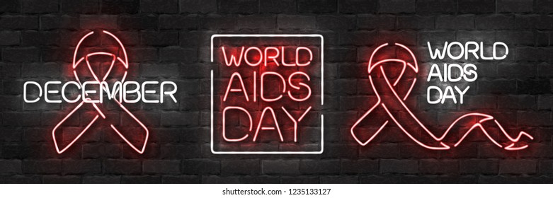 Vector set of realistic isolated neon sign of World Aids Day logo for template decoration and layout covering on the wall background.