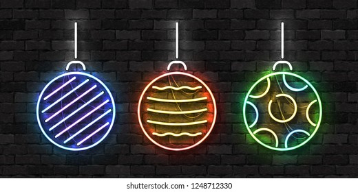 Vector set of realistic isolated neon sign of Christmas balls logo for template decoration and covering on the wall background. Concept of Happy New Year and Merry Christmas.