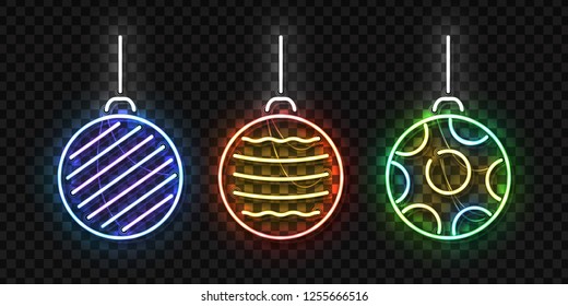 Vector set of realistic isolated neon sign of Christmas balls logo for template decoration and covering on the transparent background. Concept of Happy New Year and Merry Christmas.