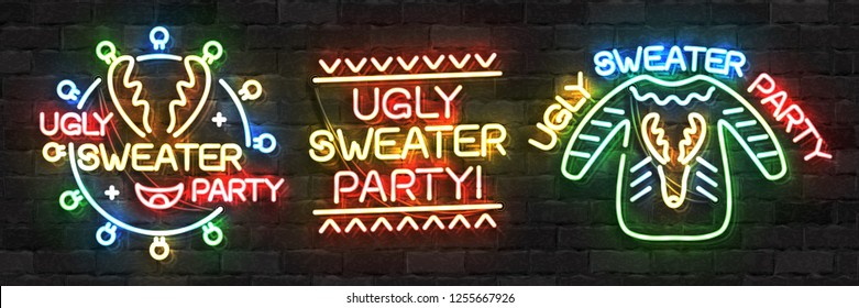 Vector set of realistic isolated neon sign of Ugly Sweater Party logo for decoration and covering on the wall background. Concept of Merry Christmas and Happy New Year.