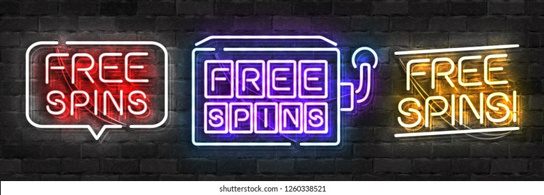 Vector set of realistic isolated neon sign of Free Spinslogo for template decoration and covering on the wall background. Concept of bonus and casino.