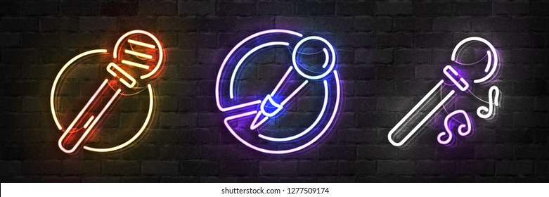 Vector set of realistic isolated neon sign of Microphone logo for template decoration and covering on the wall background. Concept of music, stand up comedy show and karaoke.