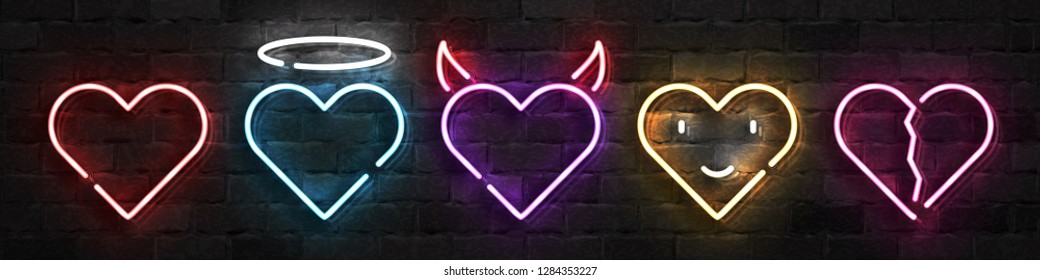 Vector set of realistic isolated neon sign of Heart logo for template decoration and layout covering on the wall background. Concept of Happy Valentines Day.