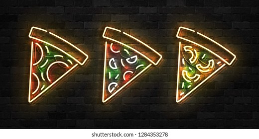 Vector set of realistic isolated neon sign of Pizza logo for decoration and covering on the wall background. Concept of restaurant, cafe and italian food.