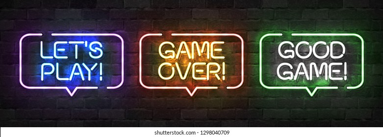 Vector set of realistic isolated neon sign of Game logo for template decoration and covering on the wall background.