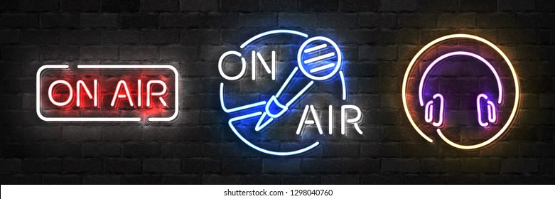 Vector Set Of Realistic Isolated Neon Sign Of On Air Logo For Template Decoration On The Wall Background. Concept Of Podcast And Radio.