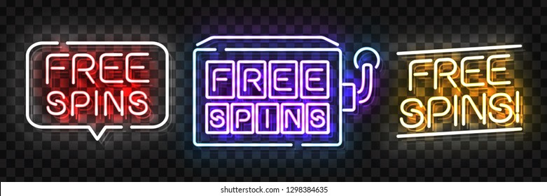 Vector set of realistic isolated neon sign of Free Spins logo for template decoration and covering on the transparent background. Concept of bonus and casino.