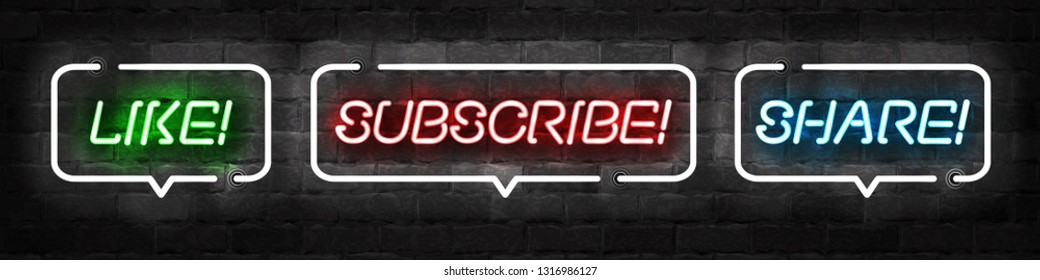 Vector set of realistic isolated neon sign of Subscribe, Like and Share logo for template decoration and covering on the wall background. Concept of social media and SEO.