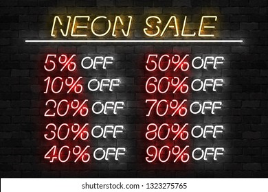Vector set of realistic isolated neon sign of Neon Sale Discount Percent logo for template decoration on the wall background. Concept of special offer and e-commerce.