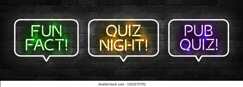 Vector set of realistic isolated neon sign of Fun Fact, Quiz Night and Pub Quiz logo for template decoration and layout covering on the wall background.