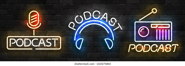 Vector set of realistic isolated neon sign of Podcast logo for template decoration on the wall background. Concept of on air and radio.