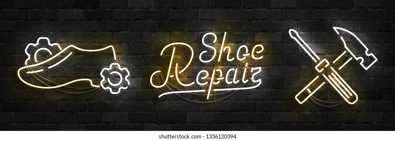 Vector set of realistic isolated neon sign of Shoe Repair logo for template decoration and layout covering on the wall background.