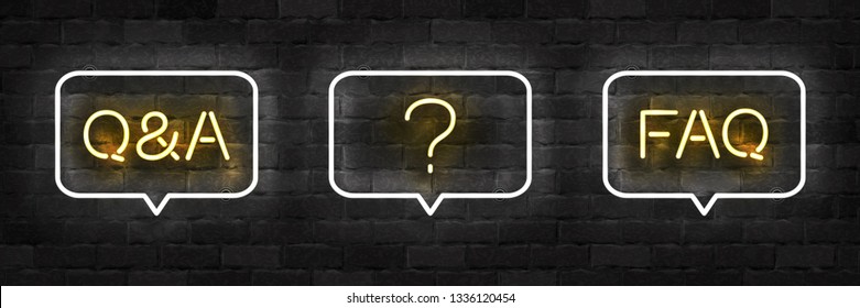Vector set of realistic isolated neon sign of Q and A, FAQ and Question logo for template decoration and layout covering on the wall background. Concept of Questions and Answers.