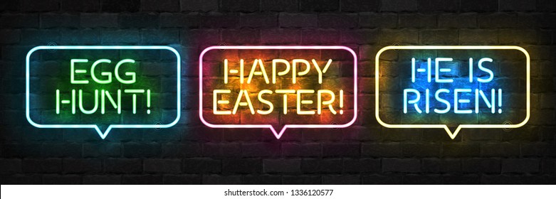Vector set of realistic isolated neon sign of Easter logo for template decoration and layout covering on the wall background. Concept of Happy Easter celebration.