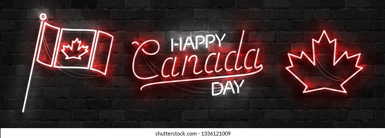 Vector set of realistic isolated neon sign of Canada Day logo for template decoration and layout covering on the wall background.