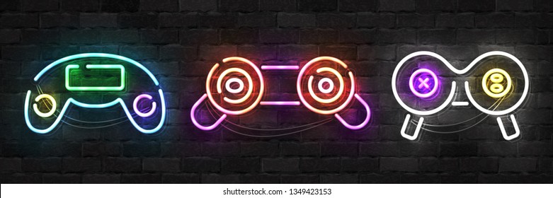 Vector Set Of Realistic Isolated Neon Sign Of Game Controller Logo For Template Decoration And Mockup Covering On The Wall Background. Concept Of Gaming.